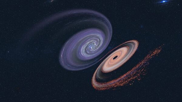 Com elementos fornecidos pela NASA, a imagem demonstra a fusão de nebulosas de buracos negros gigantes em tons de roxo e vermelho - Sputnik Brasil