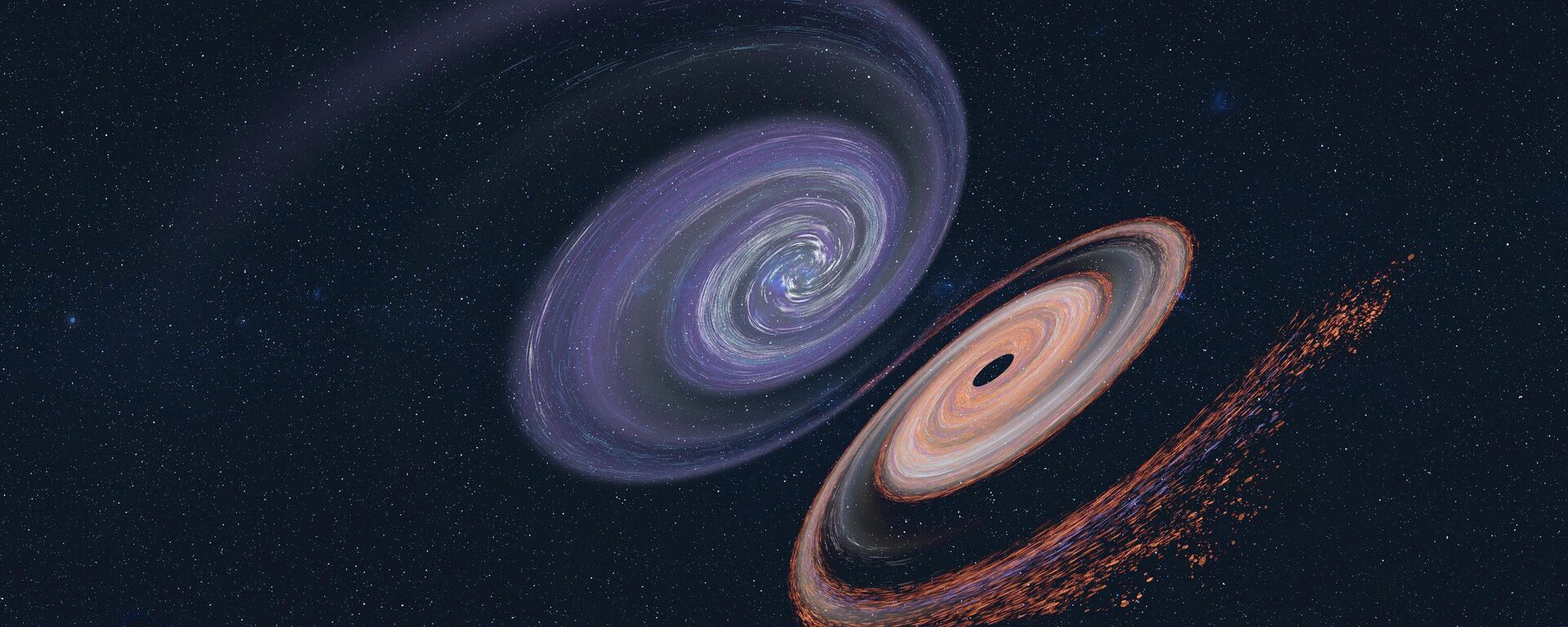 Com elementos fornecidos pela NASA, a imagem demonstra a fusão de nebulosas de buracos negros gigantes em tons de roxo e vermelho - Sputnik Brasil, 1920, 08.03.2026