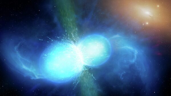 Ilustração artística mostra duas estrelas de nêutrons minúsculas, mas muito densas, no ponto em que se fundem e explodem como uma kilonova. Espera-se que um evento tão raro produza ondas gravitacionais e uma breve explosão de raios gama, ambos observados em 17 de agosto de 2017 pelo LIGO-Virgo e pelo Fermi/INTEGRAL, respectivamente - Sputnik Brasil