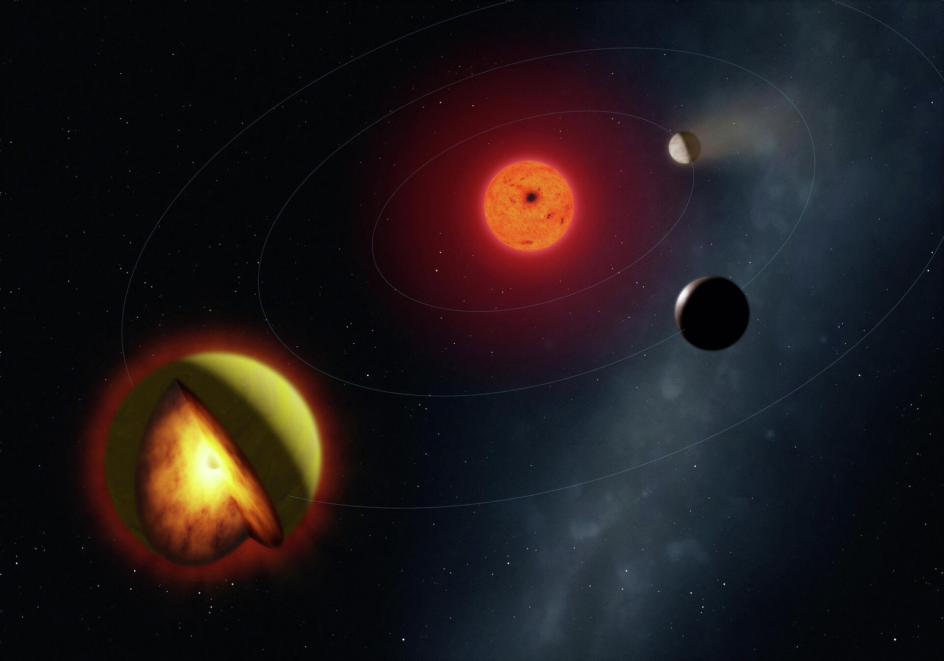 Ilustração artística do exoplaneta L 98-59 d, com um corte transversal revelando seu interior, orbitando uma estrela anã vermelha, juntamente com dois de seus planetas irmãos, divulgada em 16 de março de 2026 - Sputnik Brasil, 1920, 17.03.2026