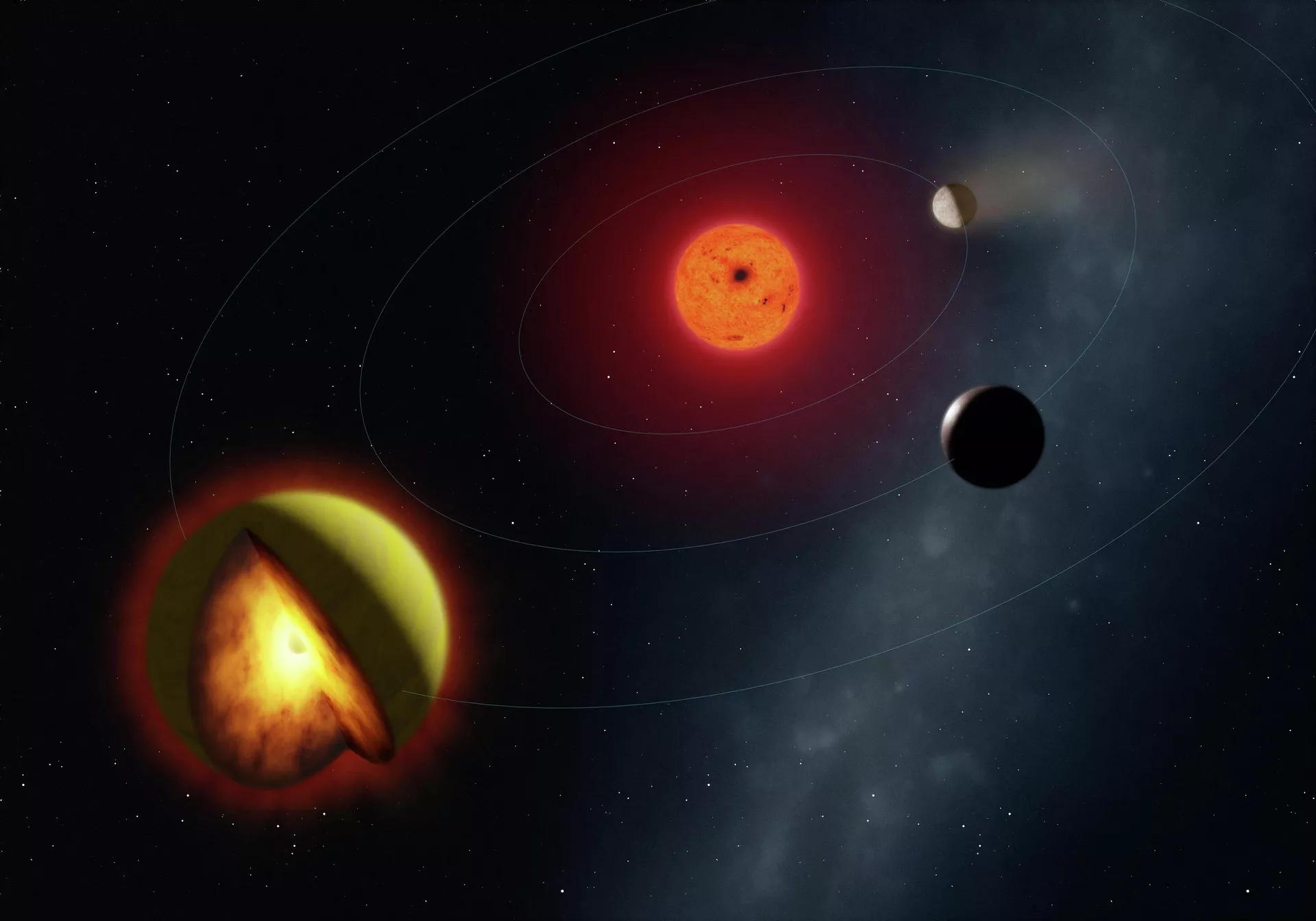 Ilustração artística do exoplaneta L 98-59 d, com um corte transversal revelando seu interior, orbitando uma estrela anã vermelha, juntamente com dois de seus planetas irmãos, divulgada em 16 de março de 2026 - Sputnik Brasil, 1920, 17.03.2026