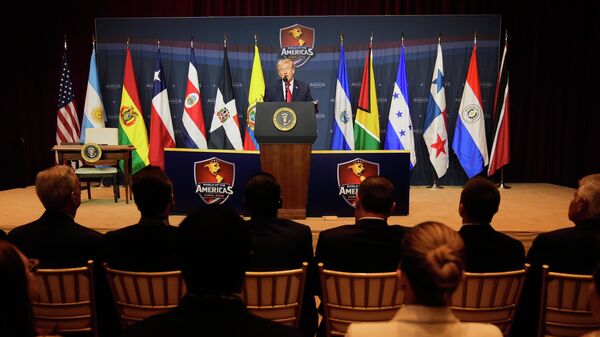 Donald Trump, presidente dos Estados Unidos,  em evento sobre o Escudo das Américas - Sputnik Brasil