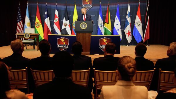 Donald Trump, presidente dos Estados Unidos,  em evento sobre o Escudo das Américas - Sputnik Brasil