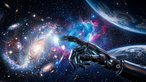 Imagem abstrata da mão robótica com inteligência artificial mostrando o holograma do vasto Universo - Sputnik Brasil