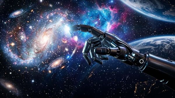 Imagem abstrata da mão robótica com inteligência artificial mostrando o holograma do vasto Universo - Sputnik Brasil