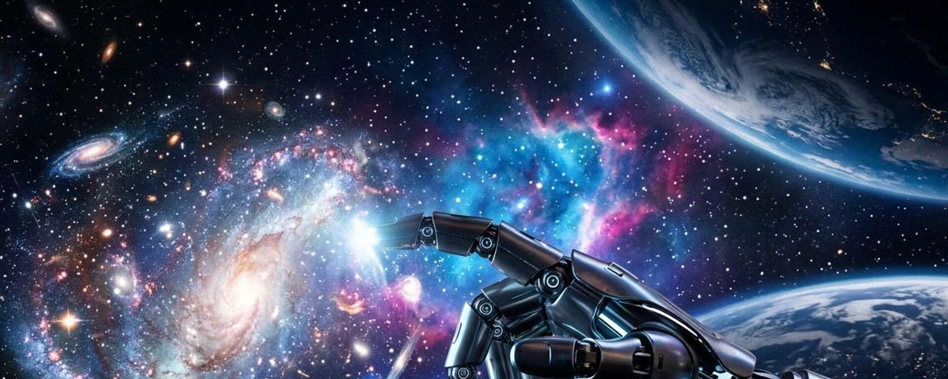 Imagem abstrata da mão robótica com inteligência artificial mostrando o holograma do vasto Universo - Sputnik Brasil, 1920, 23.03.2026
