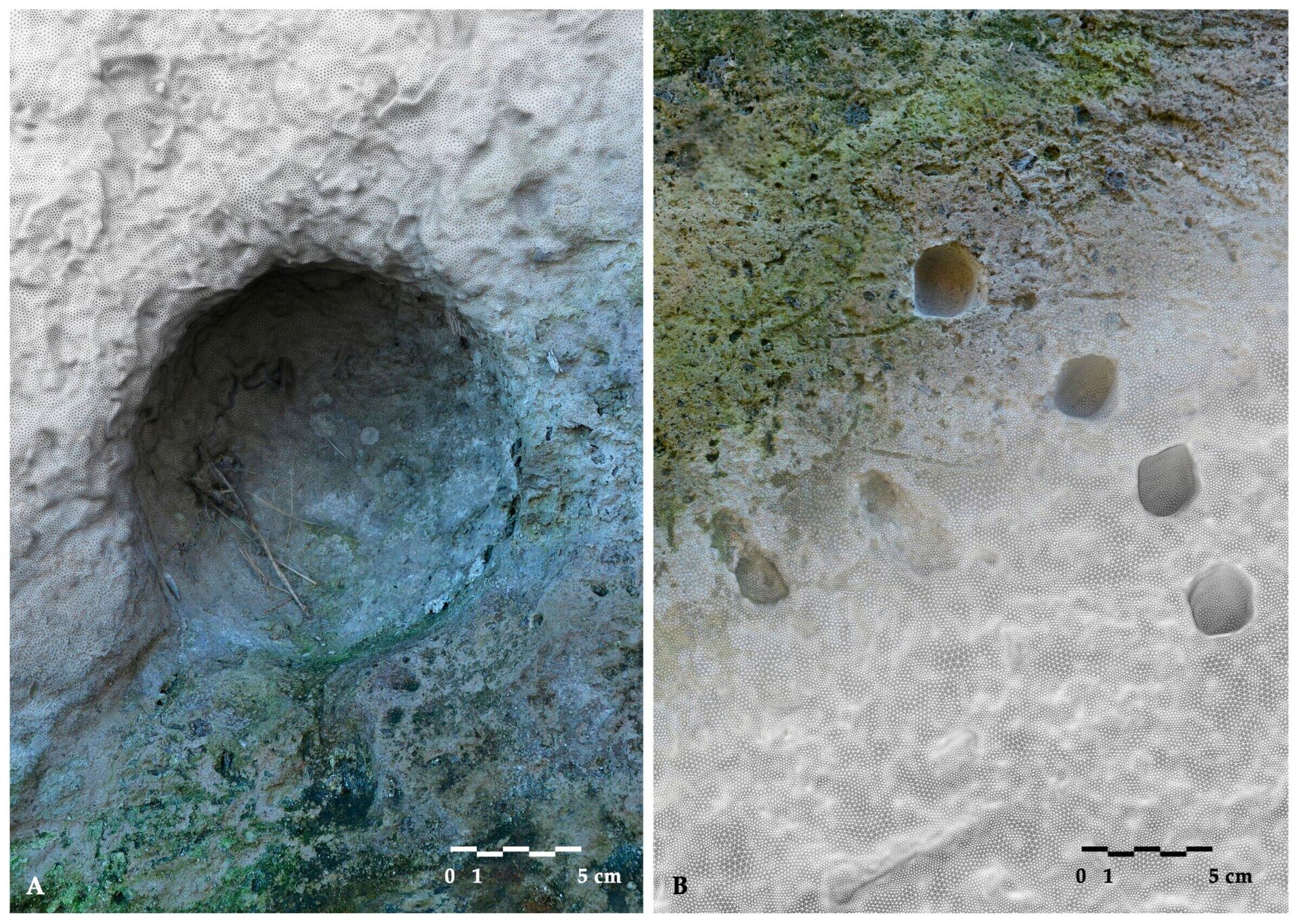 Comparação em escala de dois modelos detalhados de amolgamento de textura: à esquerda, (A) impacto balístico de um projétil esférico de pedra; à direita, (B) grupos em forma de leque de impactos menores