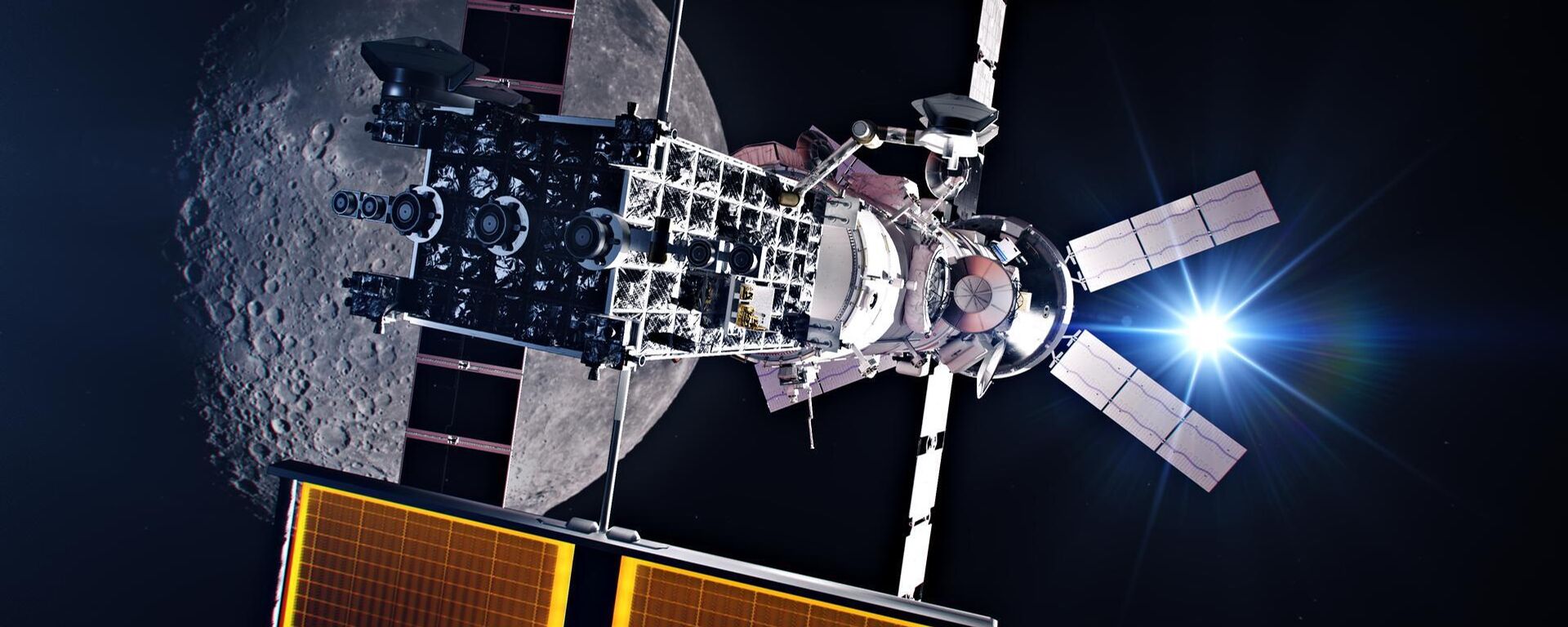 A estação espacial Gateway abriga a espaçonave Orion e a espaçonave de logística espacial da SpaceX em uma órbita polar ao redor da Lua, apoiando a descoberta científica na superfície lunar durante a missão Artemis IV - Sputnik Brasil, 1920, 25.03.2026