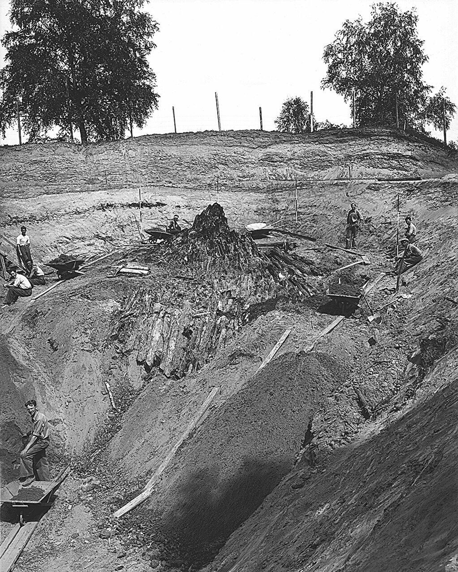 Escavações (1939-1940) mostrando a segunda camada de madeira exposta. - Sputnik Brasil, 1920, 29.03.2026