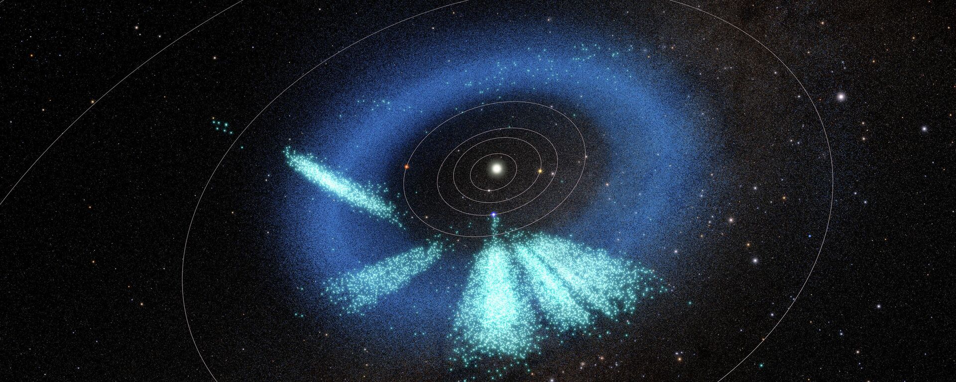 Um modelo do Sistema Solar interno mostrando os asteroides descobertos pelo Rubin em tom verde-azulado claro. Os asteroides já conhecidos estão em azul escuro. O modelo mostra um total de quase 12.700 asteroides descobertos pelo Rubin ao longo de 1,6 anos - Sputnik Brasil, 1920, 06.04.2026