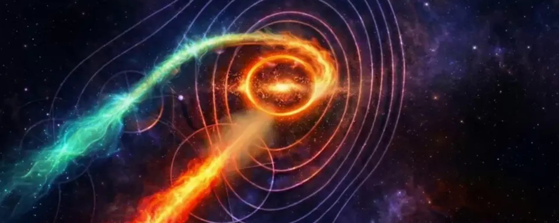 A representação artística mostra o centro da galáxia Markarian 501, de onde emanam dois jatos poderosos. O buraco negro supermassivo no centro, cuja existência já era conhecida, curva parcialmente a luz do jato atrás dele, formando o chamado anel de Einstein. Este jato curvado provavelmente se origina de um segundo buraco negro, ainda não observado - Sputnik Brasil, 1920, 09.04.2026