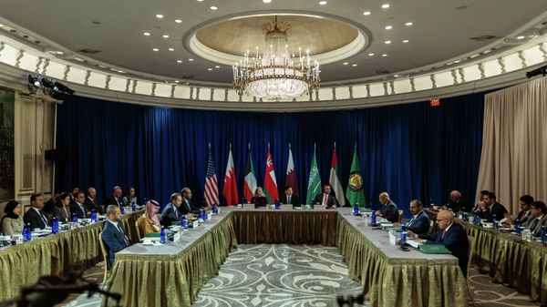 O secretário de Estado dos EUA, Marco Rubio, participa de reunião com os ministros das Relações Exteriores dos países do Conselho de Cooperação do Golfo na 80ª sessão da ONU, em Nova York (ONU), 24 de setembro de 2025. - Sputnik Brasil