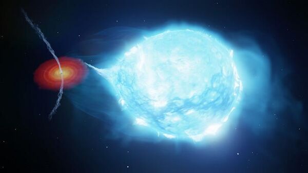 O forte vento estelar da estrela supergigante empurra os jatos lançados pelo buraco negro para longe da estrela. Isso faz com que a direção do jato varie conforme o buraco negro e a estrela supergigante se movem em sua órbita - Sputnik Brasil