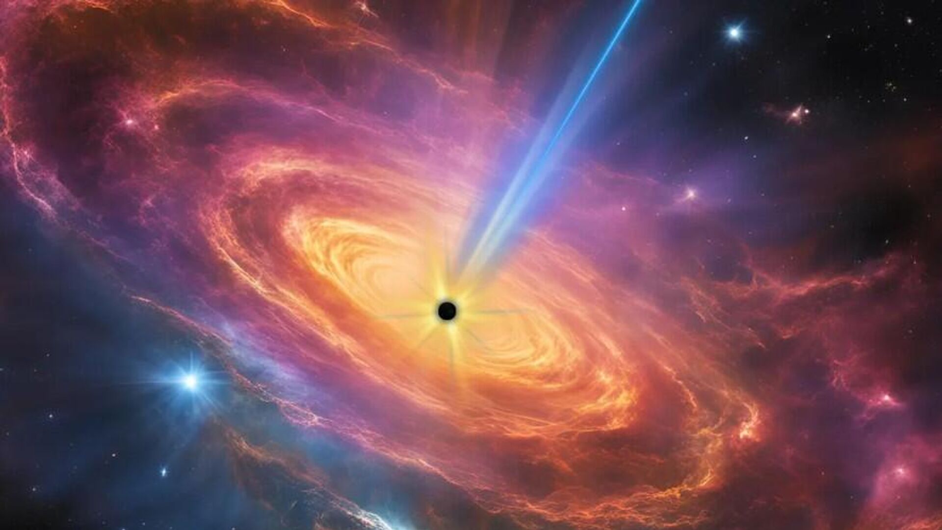 Uma ilustração de um buraco negro supermassivo expelindo jatos poderosos de matéria criada com Canva