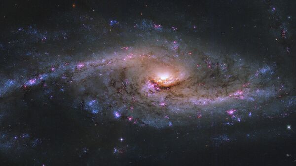 A galáxia espiral NGC 4536, com sua intensa formação estelar, é brilhante, apresentando aglomerados azuis de formação estelar e aglomerados rosados ​​de hidrogênio ionizado - Sputnik Brasil