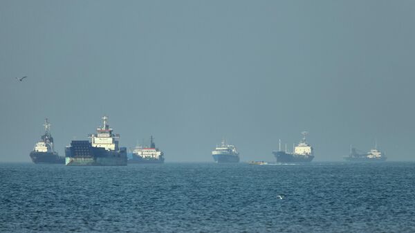 Navios de carga, incluindo graneleiros e navios de carga geral, ancorados enquanto esperam liberação para atravessar o estreito de Ormuz, em 4 de maio de 2026 - Sputnik Brasil