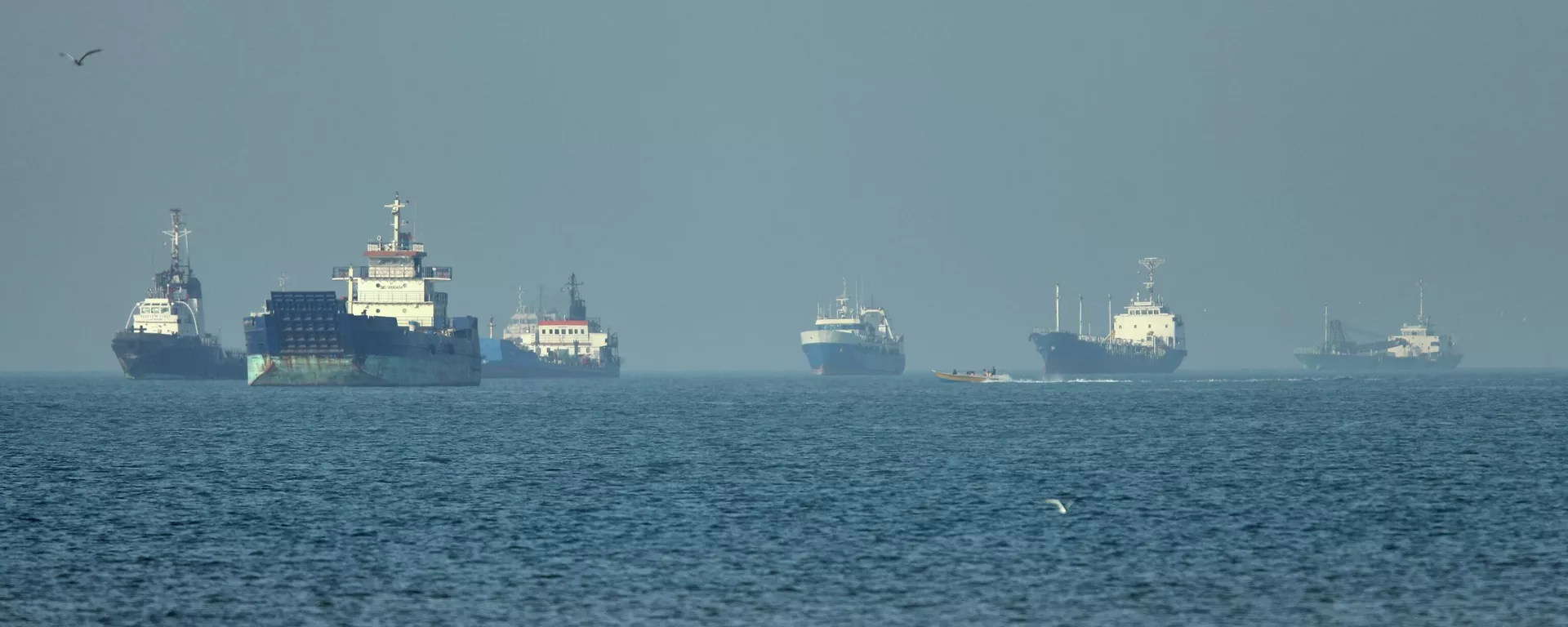 Navios de carga, incluindo graneleiros e navios de carga geral, ancorados enquanto esperam liberação para atravessar o estreito de Ormuz, em 4 de maio de 2026 - Sputnik Brasil, 1920, 19.05.2026