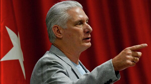 O presidente de Cuba, Miguel Díaz-Canel, discursa aos participantes da Nuestra América no Palácio das Convenções em Havana, Cuba, em 20 de março de 2026 - Sputnik Brasil