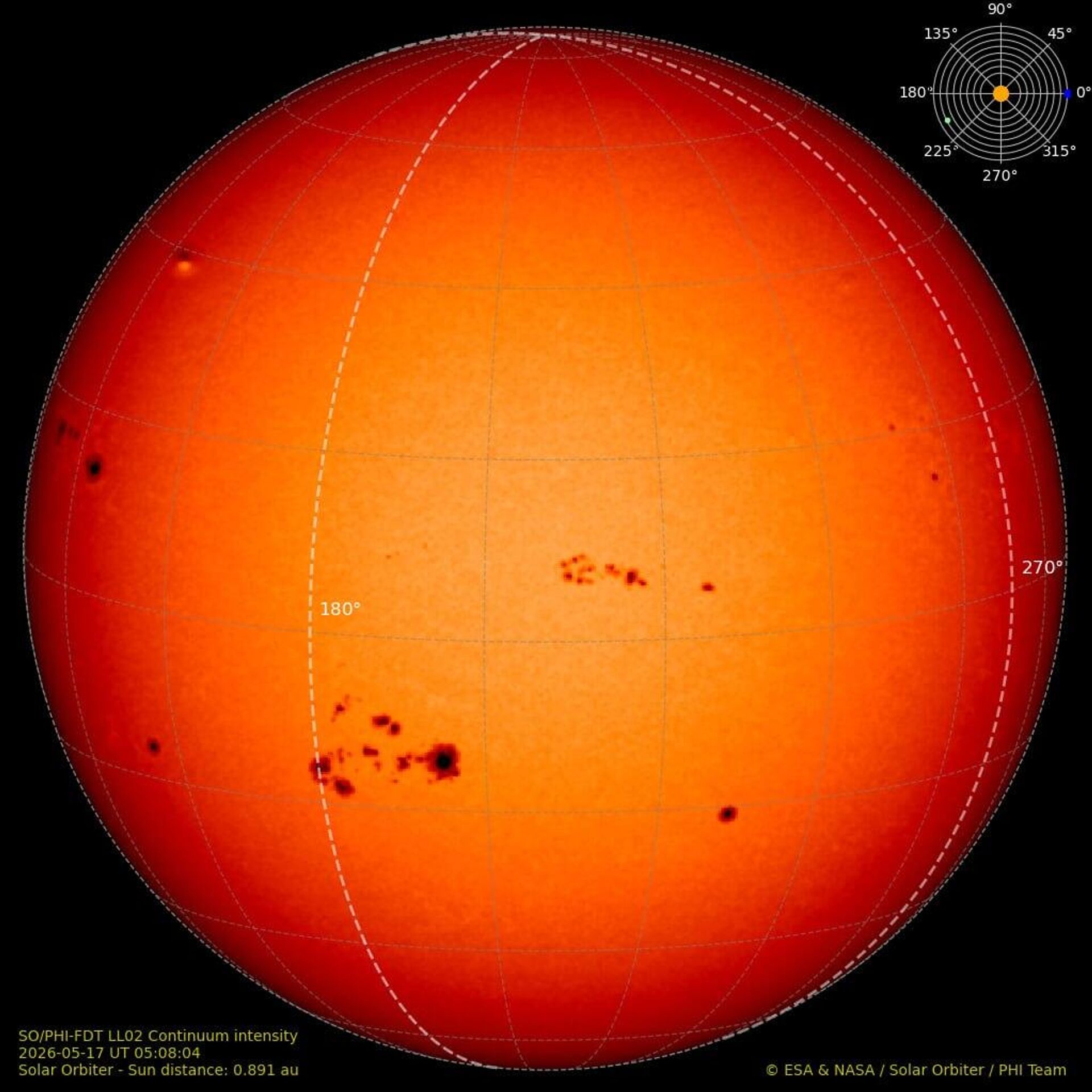 Imagem do lado oposto do Sol, obtida por um dispositivo PHI da Orbitador Solar em 17 de maio de 2026 - Sputnik Brasil, 1920, 18.05.2026
