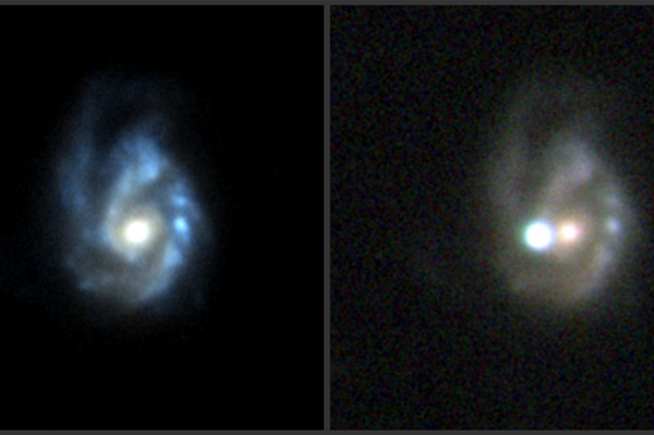 A supernova superluminosa SN 2017egm foi descoberta pela missão Gaia, da Agência Espacial Europeia, em 23 de maio de 2017. Ela explodiu em uma grande galáxia espiral barrada conhecida como NGC 3191, mostrada à esquerda antes da erupção. A imagem à direita, feita em 1º de julho de 2017, mostra a supernova brilhando mais do que toda a galáxia - Sputnik Brasil