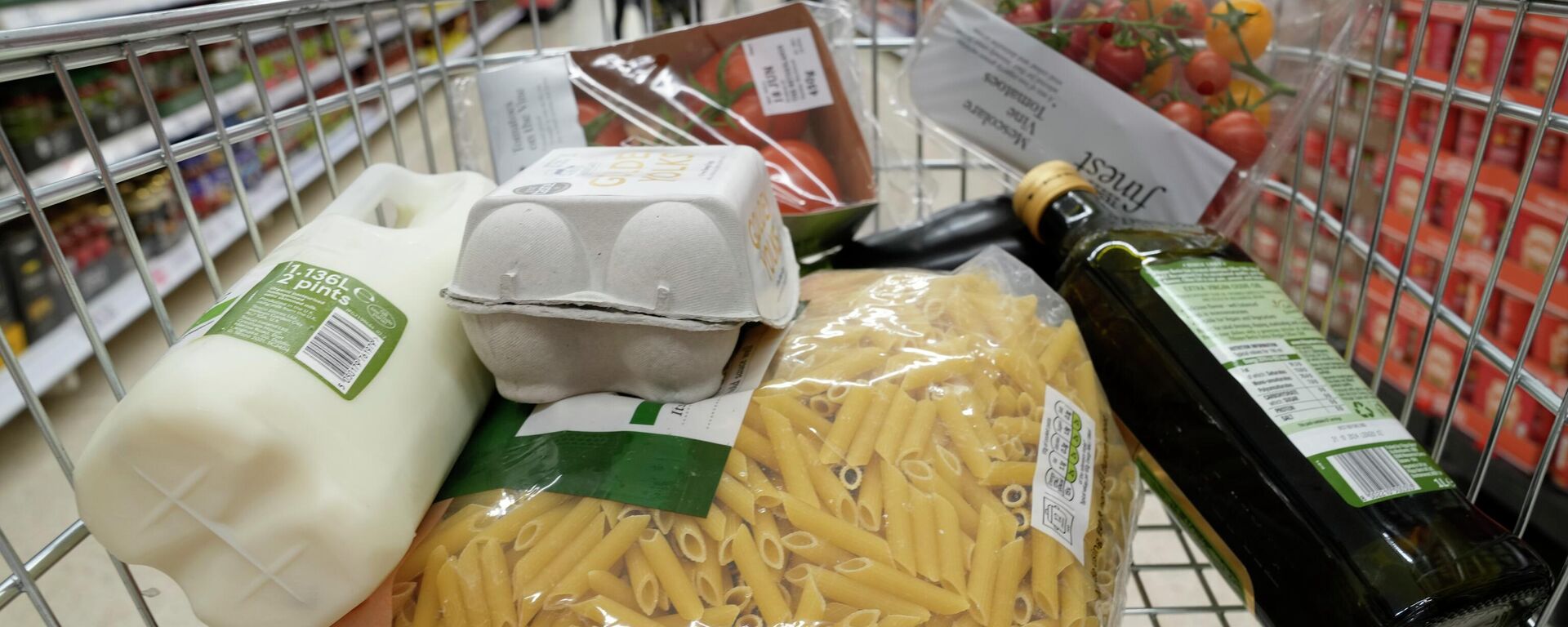 Uma cesta de compras em um carrinho de supermercado em Londres, 10 de junho de 2023 - Sputnik Brasil, 1920, 27.05.2026