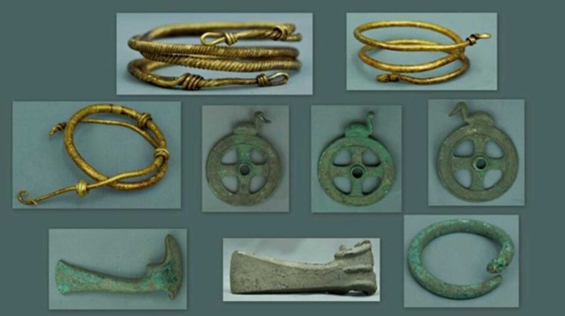 Rodas de ferro, machados, uma pulseira de bronze e colares de ouro de 3 mil anos, encontrados na Romênia Rodas de ferro, machados, uma pulseira de bronze e colares de ouro de 3 mil anos, encontrados na Romênia