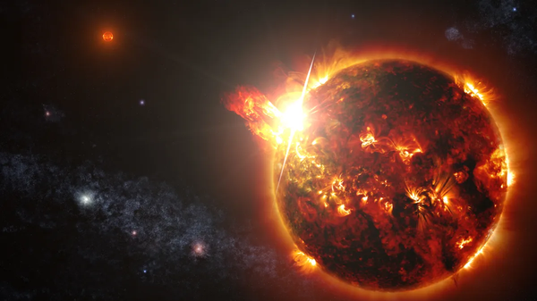 Ilustração artística mostrando um sistema binário composto por duas estrelas anãs vermelhas liberando uma série de poderosas erupções solares, observadas pela espaçonave Swift da NASA, 23 de abril de 2014 - Sputnik Brasil