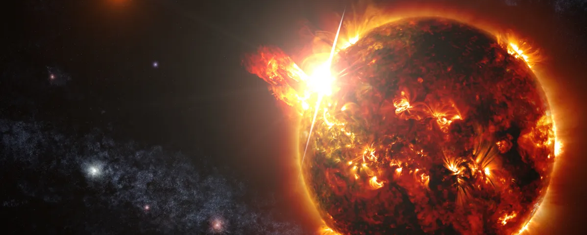 Ilustração artística mostrando um sistema binário composto por duas estrelas anãs vermelhas liberando uma série de poderosas erupções solares, observadas pela espaçonave Swift da NASA, 23 de abril de 2014 - Sputnik Brasil, 1920, 31.05.2026