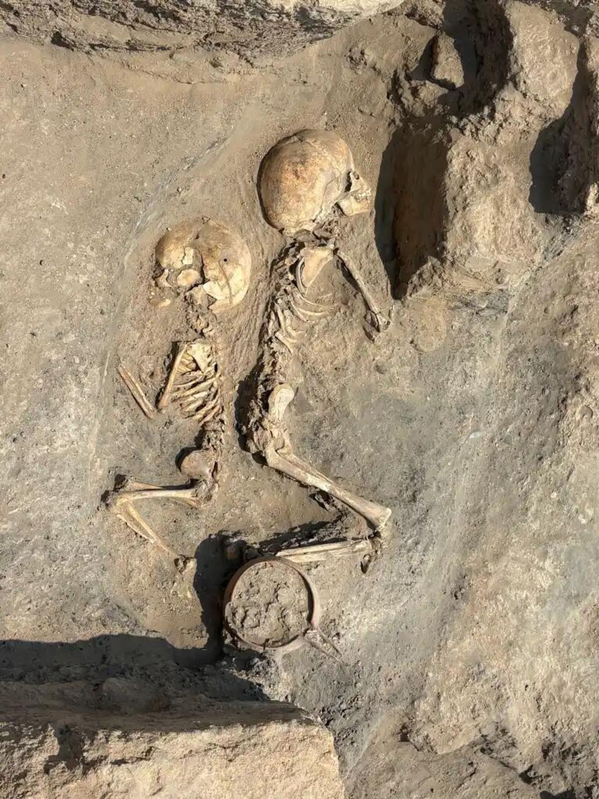 O esqueleto de uma criança de cinco anos foi encontrado em uma sepultura individual em Djarkutan, enterrado ao lado dos restos mortais de uma criança mais nova