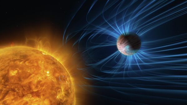 Ilustração mostra a atividade magnética de um exoplaneta gigante gasoso, travado por maré e exposto a extremos de temperatura. A diferença térmica gera ventos rápidos entre os hemisférios, que podem ser desacelerados pelo campo magnético, representado pelas linhas azuis - Sputnik Brasil