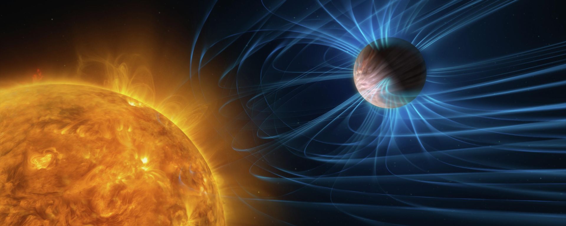 Ilustração mostra a atividade magnética de um exoplaneta gigante gasoso, travado por maré e exposto a extremos de temperatura. A diferença térmica gera ventos rápidos entre os hemisférios, que podem ser desacelerados pelo campo magnético, representado pelas linhas azuis - Sputnik Brasil, 1920, 03.06.2026