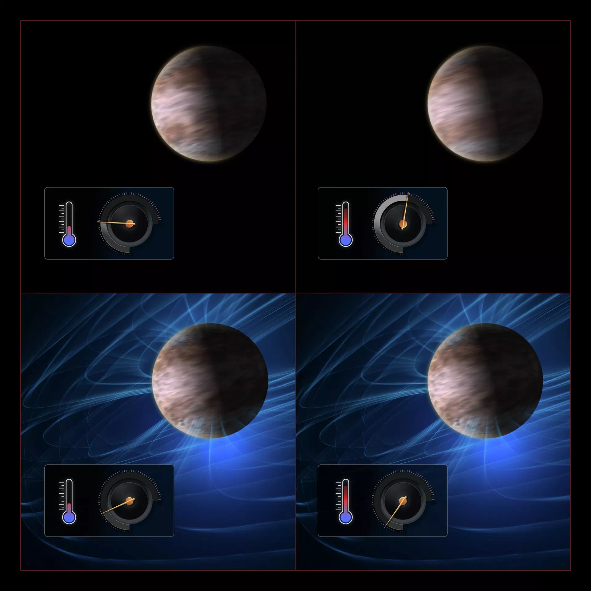 O diagrama mostra como astrônomos inferem a força de campos magnéticos em exoplanetas ao observar o impacto desses campos nos ventos. Em gigantes gasosos travados por maré, a diferença extrema de temperatura gera ventos intensos. Nos planetas mais quentes, esses ventos deveriam ser mais rápidos, mas o campo magnético dissipa parte da energia das partículas carregadas, reduzindo a velocidade. Medindo temperatura e ventos com espectrógrafos, cientistas identificam quando essa desaceleração indica a presença de magnetismo - Sputnik Brasil, 1920, 03.06.2026