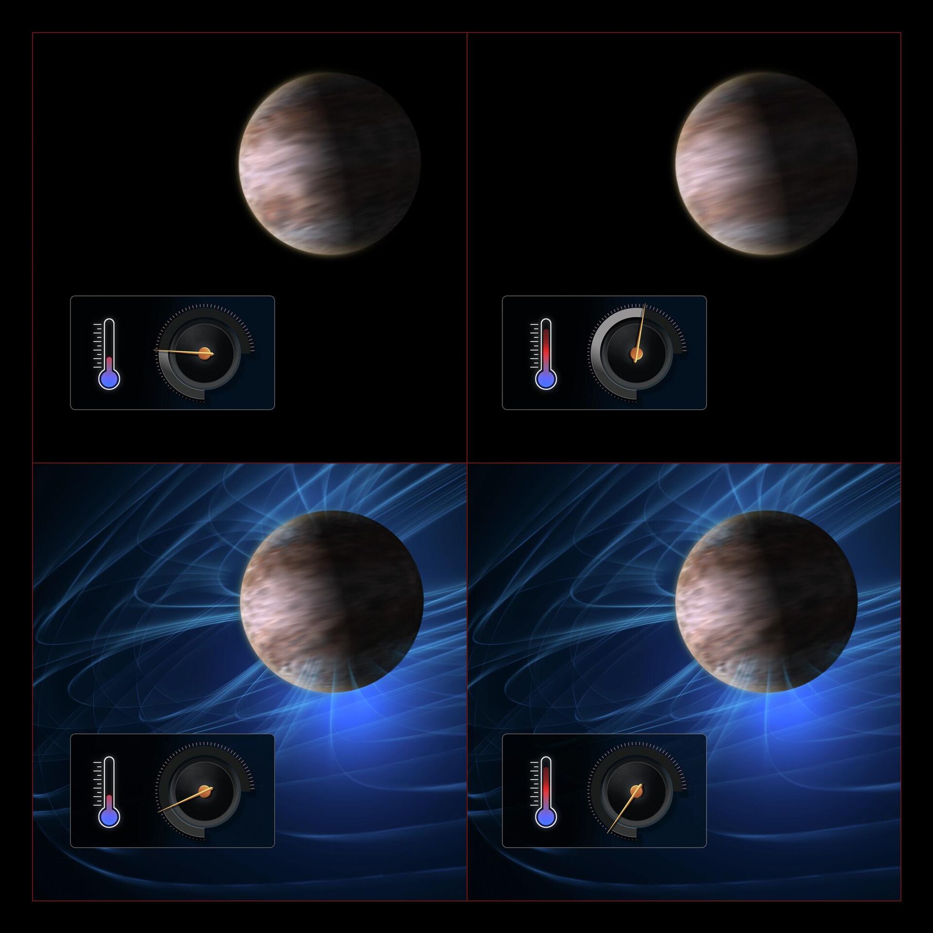 O diagrama mostra como astrônomos inferem a força de campos magnéticos em exoplanetas ao observar o impacto desses campos nos ventos. Em gigantes gasosos travados por maré, a diferença extrema de temperatura gera ventos intensos. Nos planetas mais quentes, esses ventos deveriam ser mais rápidos, mas o campo magnético dissipa parte da energia das partículas carregadas, reduzindo a velocidade. Medindo temperatura e ventos com espectrógrafos, cientistas identificam quando essa desaceleração indica a presença de magnetismo - Sputnik Brasil, 1920, 03.06.2026