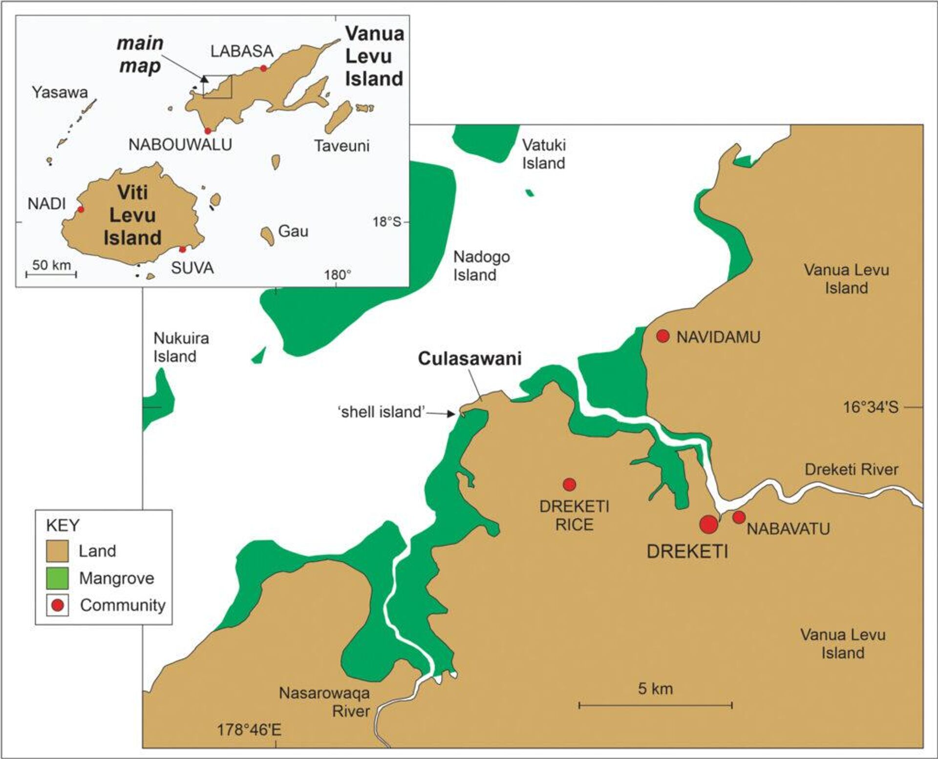 Mapa da ilha de Culasawani com indicação dos locais de escavação