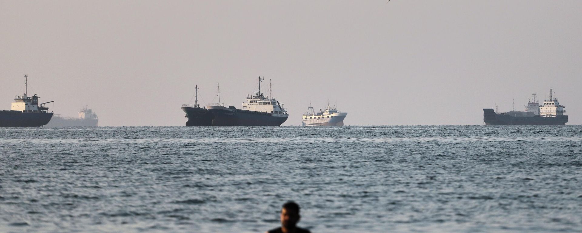 Uma pessoa permanece em pé em águas rasas enquanto navios de carga e comerciais estão ancorados no Estreito de Ormuz, próximo a Bandar Abbas, Irã, em 8 de junho de 2026 - Sputnik Brasil, 1920, 12.07.2026