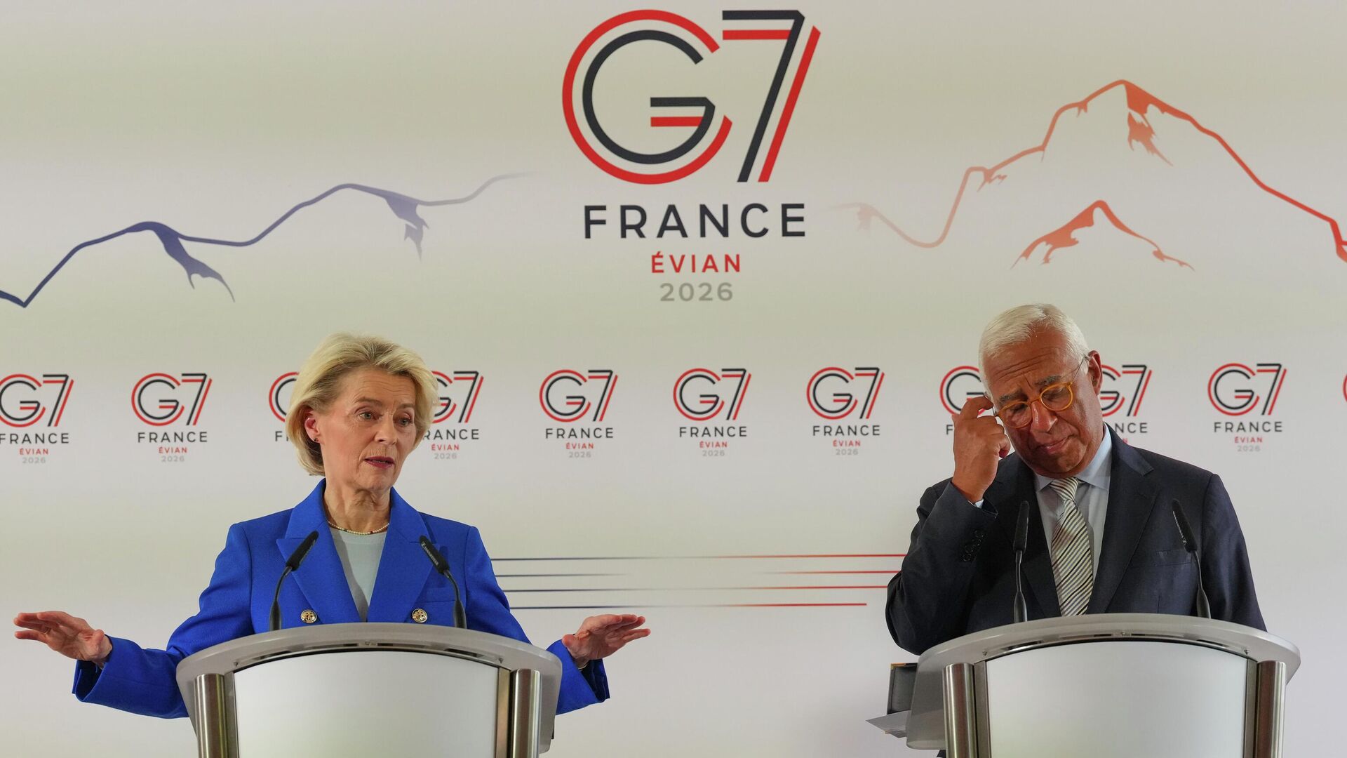 A presidente da Comissão Europeia, Ursula von der Leyen, e o presidente do Conselho Europeu, António Costa, participam de uma conferência de imprensa na cúpula do G7 em Évian-les-Bains, França, 15 de junho de 2026 A presidente da Comissão Europeia, Ursula von der Leyen, e o presidente do Conselho Europeu, António Costa, participam de uma conferência de imprensa na cúpula do G7 em Évian-les-Bains, França, 15 de junho de 2026 - Sputnik Brasil, 1920, 15.06.2026