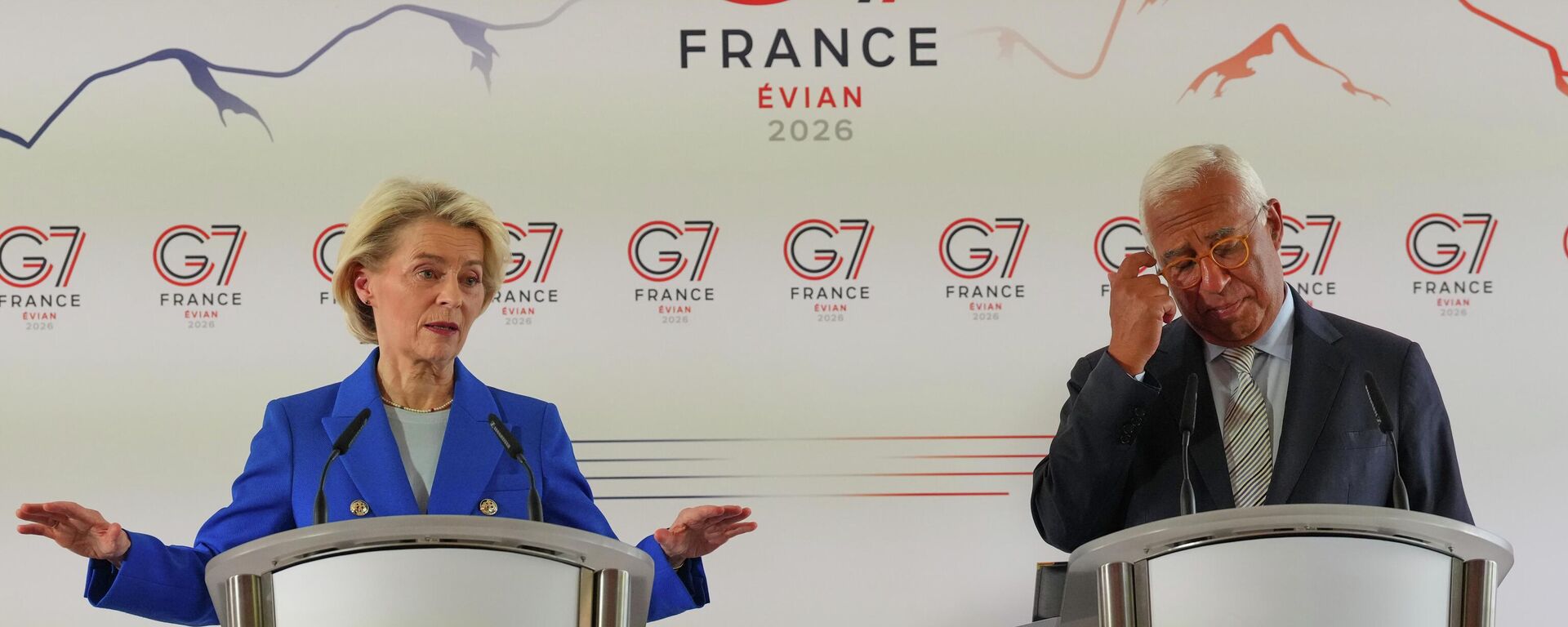 A presidente da Comissão Europeia, Ursula von der Leyen, e o presidente do Conselho Europeu, António Costa, participam de uma conferência de imprensa na cúpula do G7 em Évian-les-Bains, França, 15 de junho de 2026 - Sputnik Brasil, 1920, 15.06.2026