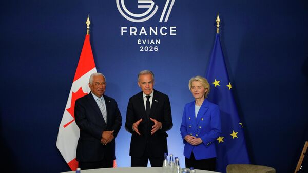 Mark Carney se reúne com Ursula von der Leyen e António Costa na cúpula do G7 em Évian-les-Bains. França, 15 de junho de 2026 - Sputnik Brasil