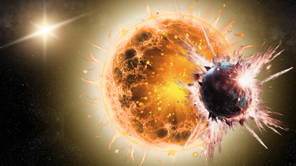 Uma ilustração de uma estrela devorando um planeta enquanto sua companheira binária observa - Sputnik Brasil
