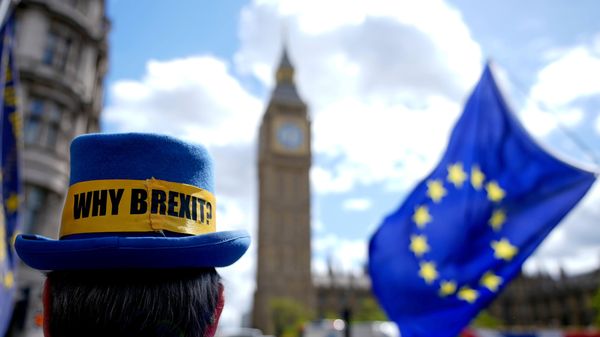 Ativista pró-União Europeia perto do Parlamento britânico durante a sessão semanal de perguntas ao primeiro-ministro em Londres. Reino Unido, 20 de maio de 2026 - Sputnik Brasil