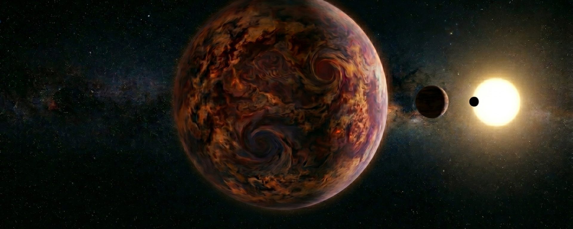 Uma ilustração do improvável sistema planetário que inclui a anã marrom massiva TOI-201 c, o Júpiter quente TOI-201 b, a super-Terra rochosa TOI-201 d e a estrela hospedeira TOI-201 - Sputnik Brasil, 1920, 24.06.2026