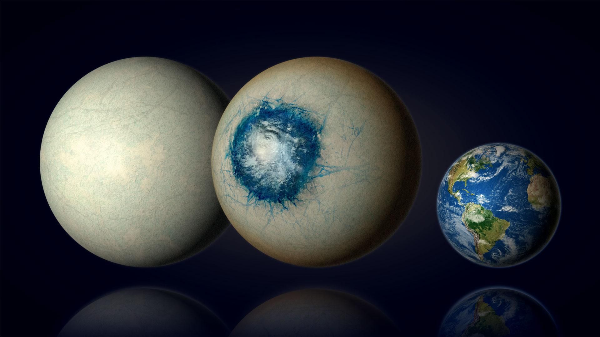 Uma ilustração comparativa do exoplaneta LHS-1140b, que pode ser uma bola de gelo ou um planeta com formato de olho por ter um oceano líquido em seu interior, ao lado da Terra