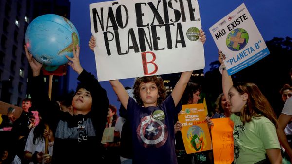 Crianças seguram cartazes com a frase Não existe planeta B durante protesto global sobre mudanças climáticas em São Paulo, Brasil - Sputnik Brasil