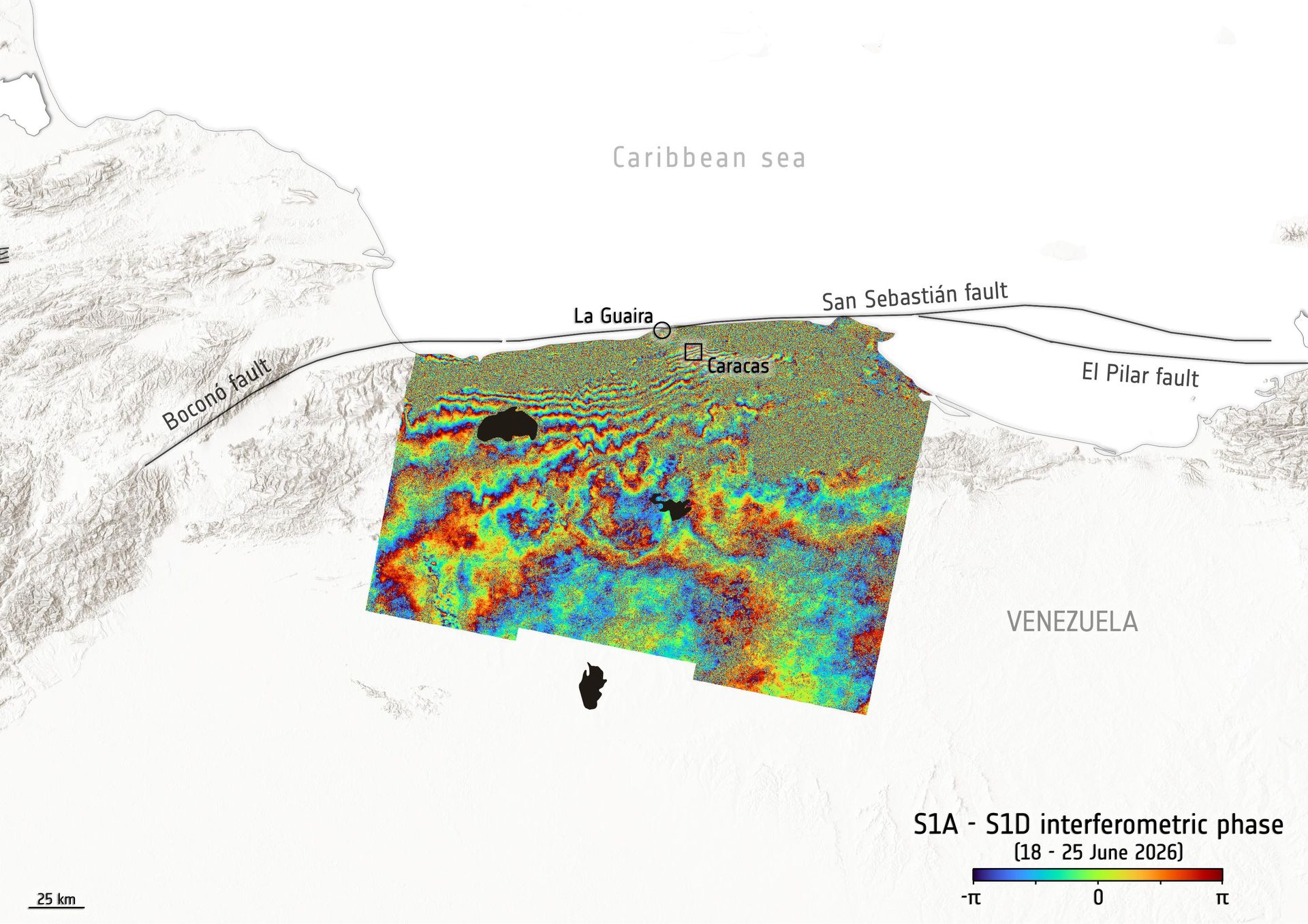 A imagem de satélite Sentinel-1 mostra o deslocamento da superfície terrestre após terremotos na Venezuela - Sputnik Brasil, 1920, 05.07.2026
