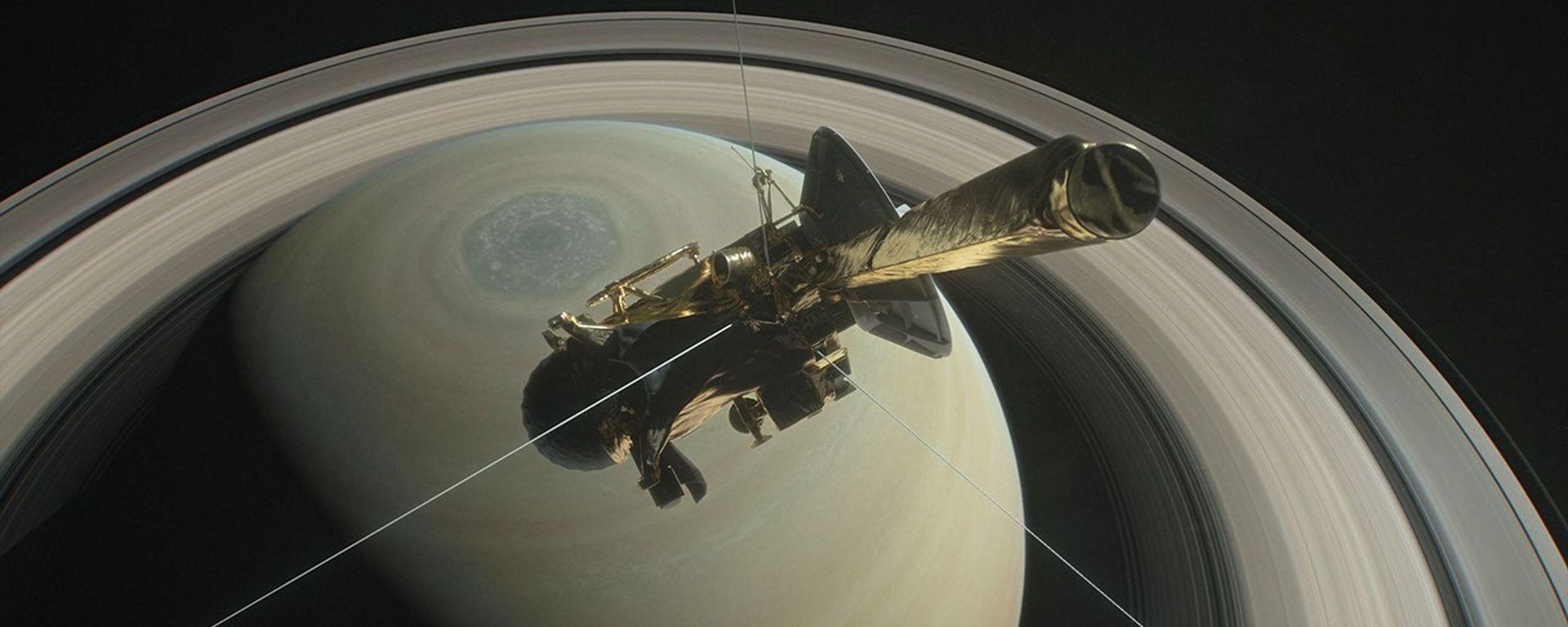 Nesta ilustração, a sonda Cassini da NASA é mostrada dirigindo-se para o espaço entre Saturno e seus anéis durante um dos 22 mergulhos desse tipo na fase final da missão. A sonda fará seu mergulho final na atmosfera do planeta em 15 de setembro Nesta ilustração, a sonda Cassini da NASA é mostrada dirigindo-se para o espaço entre Saturno e seus anéis durante um dos 22 mergulhos desse tipo na fase final da missão. A sonda fará seu mergulho final na atmosfera do planeta em 15 de setembro - Sputnik Brasil, 1920, 06.07.2026