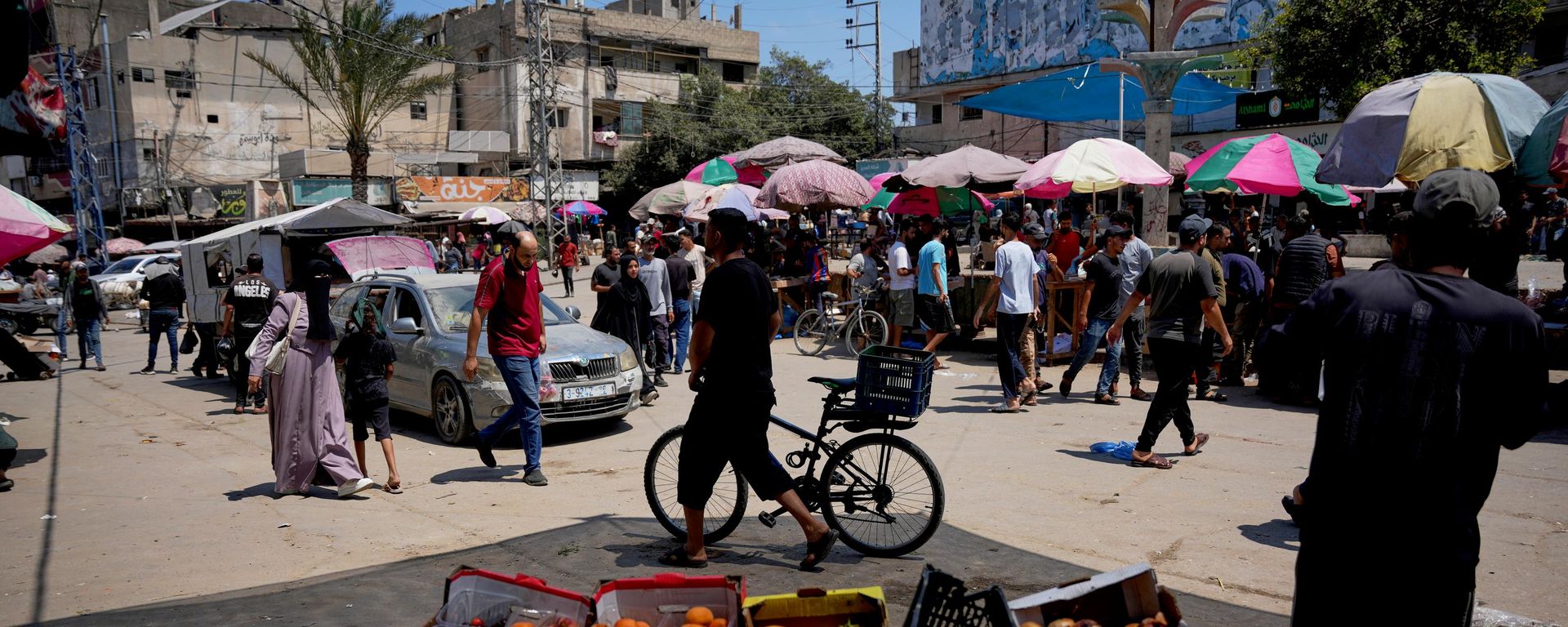 Vendedor palestino expõe vegetais em Deir al-Balah, no centro da Faixa de Gaza, em 4 de julho de 2026 - Sputnik Brasil, 1920, 06.07.2026