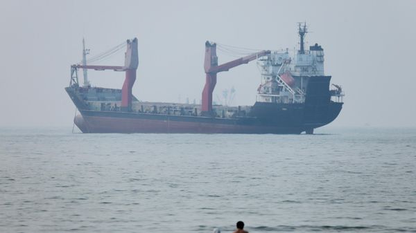 Um grupo de pessoas em águas rasas, enquanto um navio de carga aparece ancorado no estreito de Ormuz, ao largo de Bandar Abbas, no Irã, em 30 de junho de 2026 - Sputnik Brasil