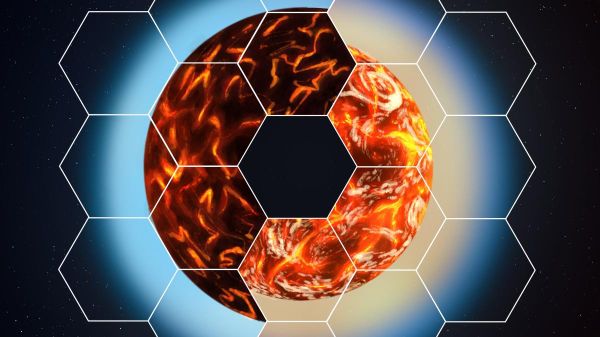 Uma representação artística de dois cenários diferentes para exoplanetas sub-Netunos, tendo como pano de fundo os segmentos espelhados do JWST. À esquerda, nuvens minerais podem reter calor, derreter a superfície e manter a atmosfera densa, enquanto à direita, um planeta sem nuvens se contrairá mais rapidamente e terá uma temperatura superficial muito mais baixa - Sputnik Brasil
