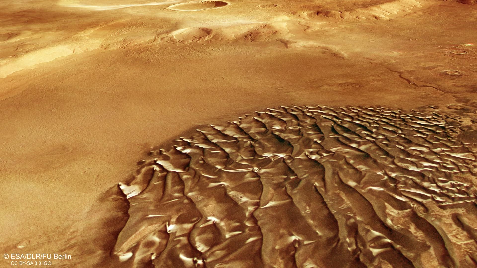 Vista aérea das dunas eólicas na Cratera Kaiser, em Marte. Esta imagem foi gerada a partir do modelo digital do terreno e dos canais nadir e de cor da Câmera Estereoscópica de Alta Resolução da sonda Mars Express da ESA Vista aérea das dunas eólicas na Cratera Kaiser, em Marte. Esta imagem foi gerada a partir do modelo digital do terreno e dos canais nadir e de cor da Câmera Estereoscópica de Alta Resolução da sonda Mars Express da ESA - Sputnik Brasil, 1920, 19.07.2026