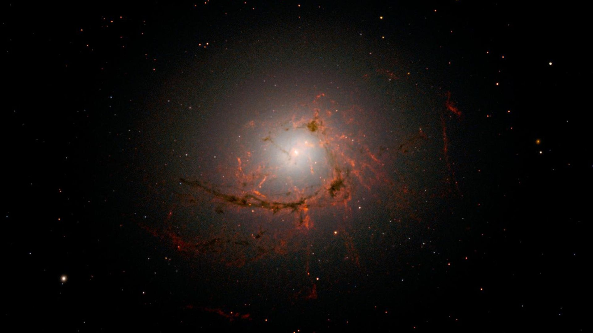 Esta imagem, captada pela Wide Field Camera 3 (WFC3) do Hubble, mostra NGC 4696, a maior galáxia do Aglomerado de Centauro. As novas imagens revelam, com detalhes inéditos, os filamentos de poeira que envolvem o centro dessa enorme galáxia. Esses filamentos se curvam e espiralam para dentro em uma forma intrigante, girando ao redor do buraco negro supermassivo a tal distância que acabam sendo arrastados e, eventualmente, consumidos por ele Esta imagem, captada pela Wide Field Camera 3 (WFC3) do Hubble, mostra NGC 4696, a maior galáxia do Aglomerado de Centauro. As novas imagens revelam, com detalhes inéditos, os filamentos de poeira que envolvem o centro dessa enorme galáxia. Esses filamentos se curvam e espiralam para dentro em uma forma intrigante, girando ao redor do buraco negro supermassivo a tal distância que acabam sendo arrastados e, eventualmente, consumidos por ele - Sputnik Brasil, 1920, 20.07.2026